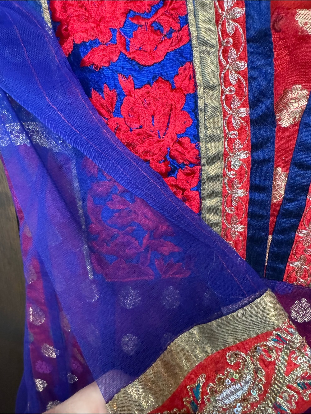 Handmade Royal Blue Red Anarkali Kurti Dress Sheer Sleeves Brocade Small 41" - Picture 6 of 9